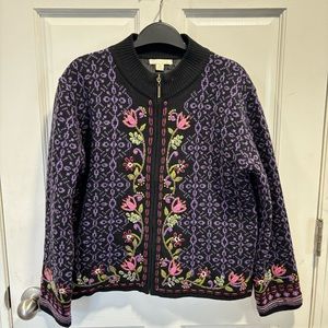 Women’s Carson Zip Lined Jacket Sweater 90% Lambswool Embroidered Flowers